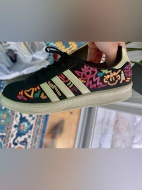 adidas Black Sneaker with Cream Stripes and Multicolor Embroidery